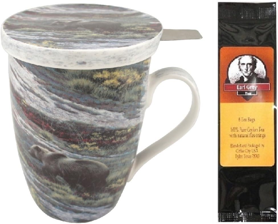 Robert Bateman Grizzly Bears Tea Mug, Infuser with Lid in Matching Box Bundle with 1 Package of 6 Tea Bags