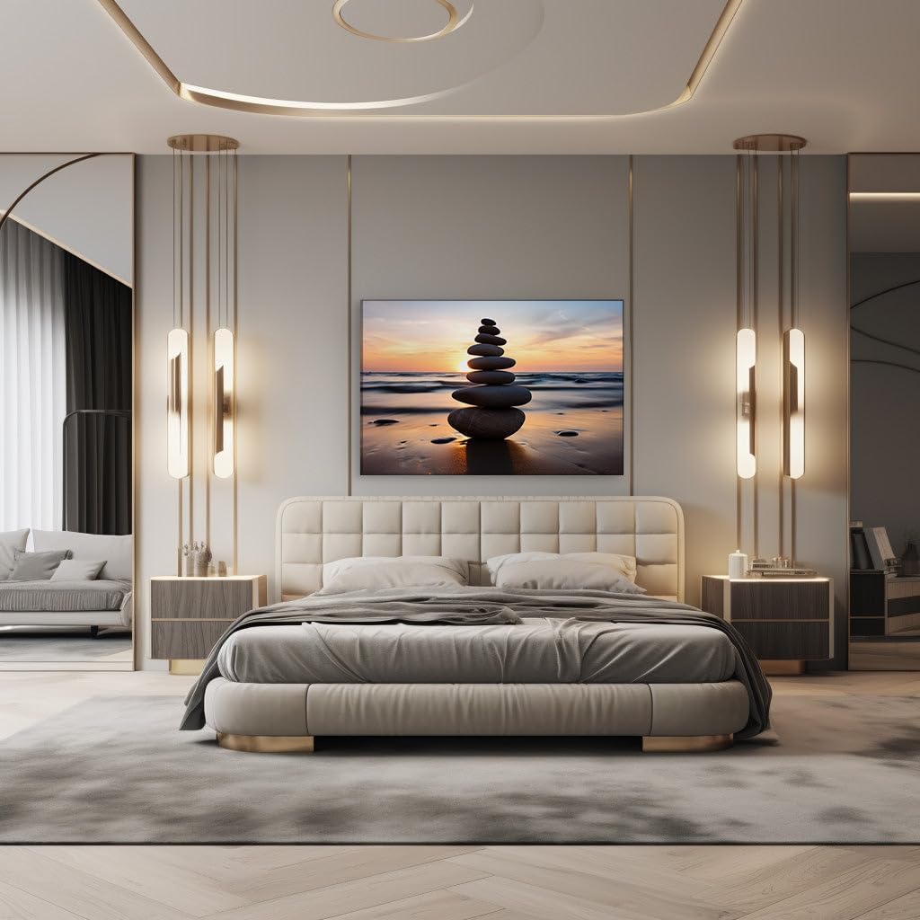Canvas for Living room. Serene Sunset: Balancing Stones on the Shoreline as Day Embraces Night, 27 x 18 inch Canvas Wall Art - Contemporary Masterpieces - Modern Home Decor