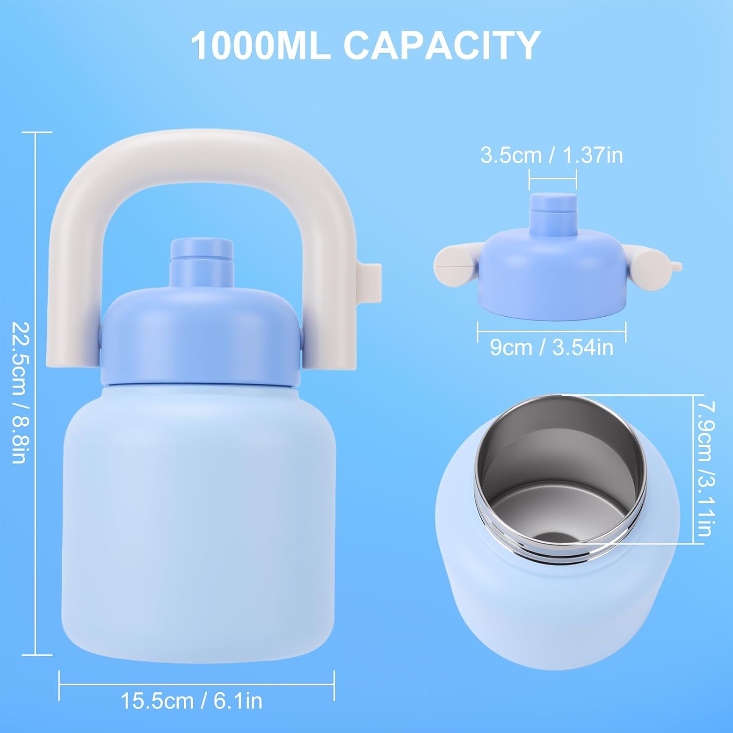 33 oz Water Bottle with Straw and Carry Handle, 316 Stainless Steel Insulated Bottle, Easy Carry Tumbler with Strap for Hot Cold Drink (Blue) - Image 6