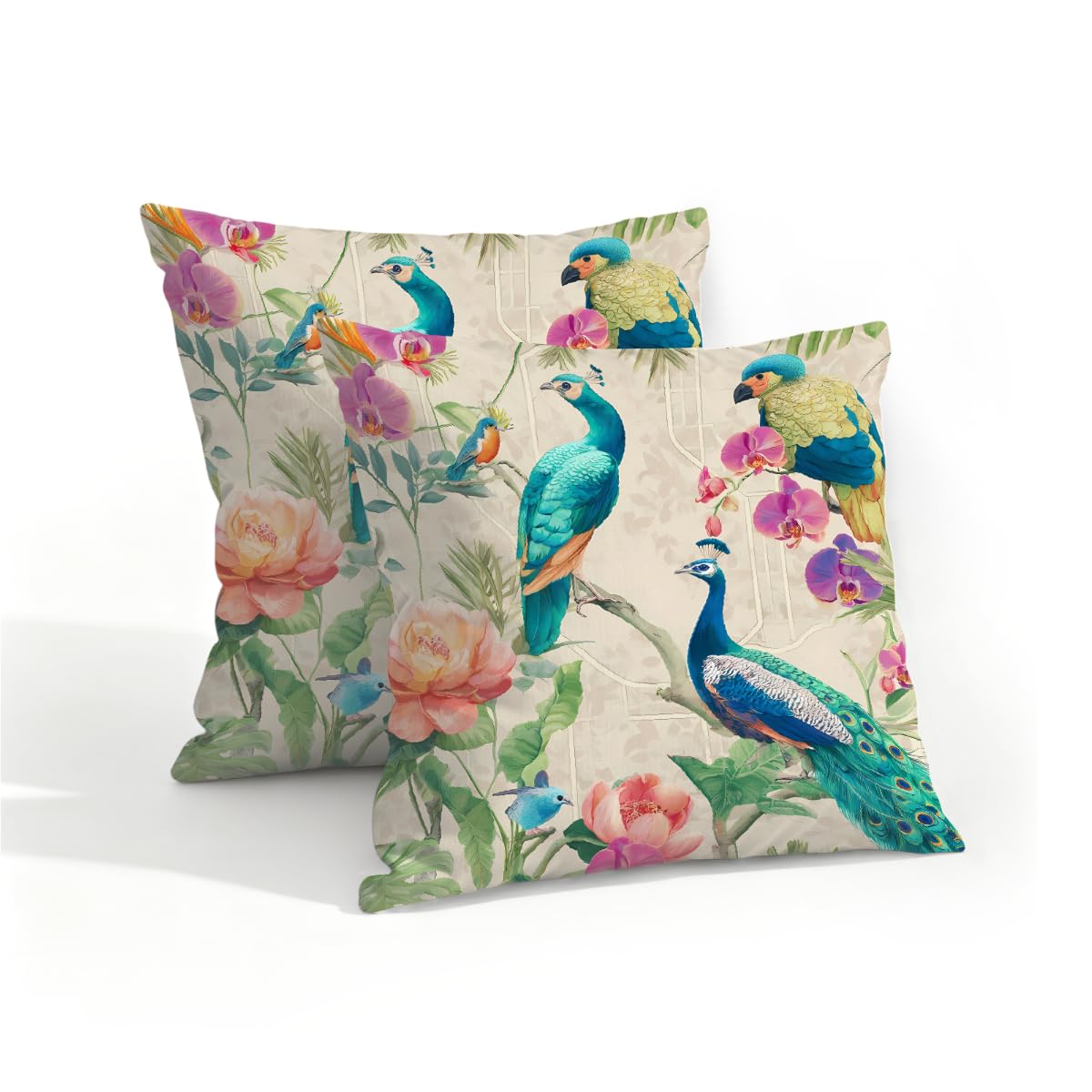 Outdoor Pillow Covers Waterproof Pillowcases 16x16in Set of 2 Asin Oriental Floral Turquoise Peacocks Decorative Throw Cushion Case for Couch Sofa Garden Patio Furniture