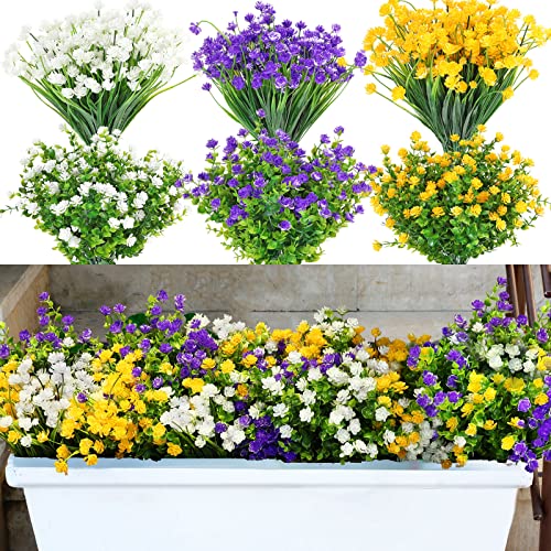 Willbond 36 Bundles Artificial Flowers Outdoor, Uv Resistant Faux Artificial Plants Shrubs Flower Bulk For Hanging Planter Porch Window Home Wedding Spring Summer Decor (Yellow, Purple, White) #TOP7