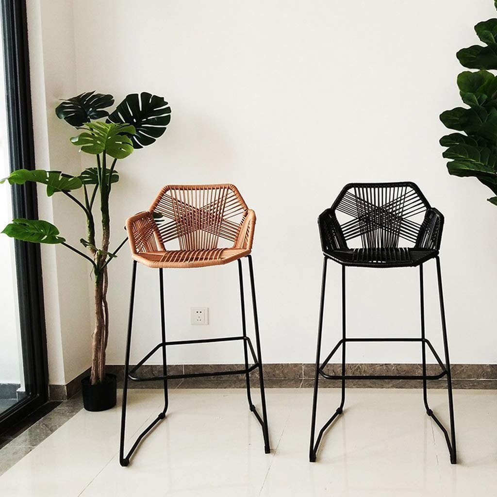 Beige Rattan Bar Stool Rattan Wicker Barstools Chair with Footrest