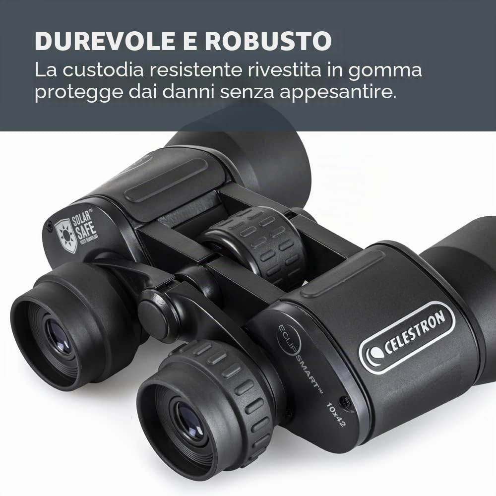 Celestron 71238 EclipSmart 10x42 Binocolo solare Porro - ISO 12312-2, impugnatura in gomma, ottica con rivestimento multiplo, vetro BK7, laccetto da collo e custodia morbida per il trasporto, nero