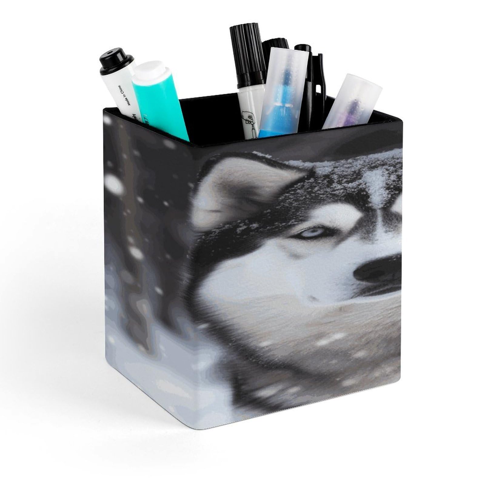 JTREHY - Husky Dog Snow Pen Holder Square Makeup Brush Holder PU Leather Stationery Organizer Office Accessories Container Box