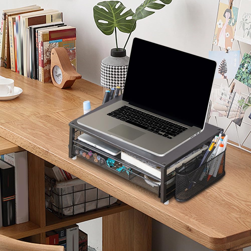 Supporto per monitor per computer a 2 livelli con cassetto e 2 portapenne, organizer da ufficio, supporto per monitor, accessori da scrivania per ufficio