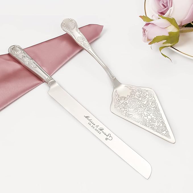 Silver Cake Knife and Server Set, Personalized Cake Cutting Set For Wedding, Pie Pizza Cutter Server Set, Engraved Pie Serving Set for Anniversary Birthday Party Gift (Silver)