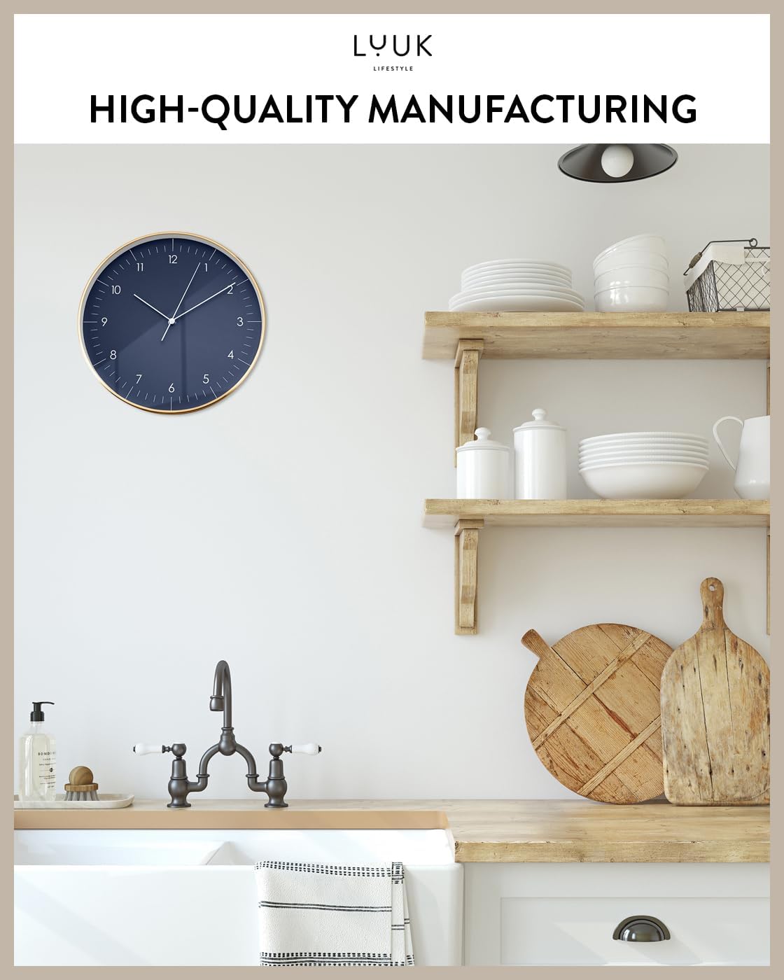 LUUK LIFESTYLE Modern Wall Clock with Silent Quartz Movement, Stylish & Functional, Decoration for Living Room, 12 inch, in Dark Blue & Gold
