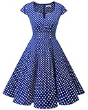 bbonlinedress 1950er Vintage Retro Cocktailkleid Rockabilly V-Ausschnitt Faltenrock Royalblue Small White Dot XL