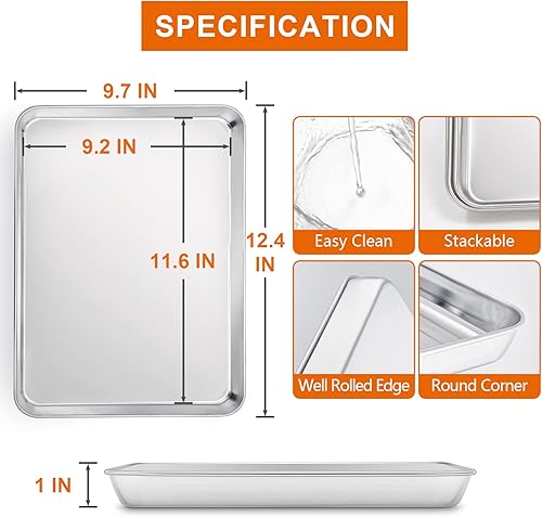 Miniatura 3 de E-far Juego de 2 bandejas para hornear galletas, bandejas de acero inoxidable de 12.4 x 9.7 pulgadas para horno con 50 papeles pergaminos, bandeja