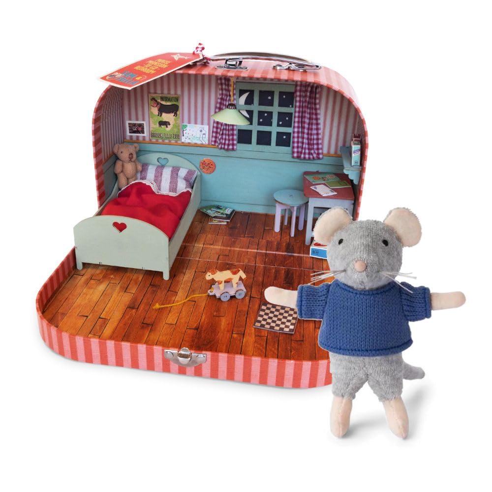 Mini-Schlafzimmer zum Mitnehmen + Sam Plüsch 11 cm – Einfaches Komplett-DIY-Puppenhaus im Koffer | Holzmöbel, Bettwäsche & Dekorationsblätter | Maßstab 1:12 | Sam & Julias Maus-Mansion