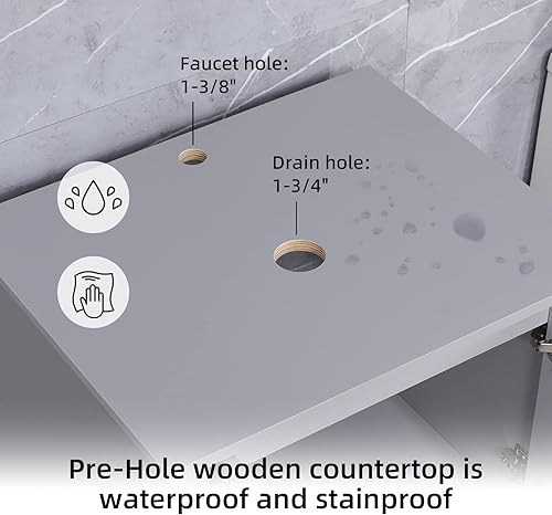 Miniatura 5 de UEV Tocador de baño gris de 24 pulgadas con fregadero de vidrio templado, grifo ORB y combo de espejo de alta definición, tocador de MDF con drenaje