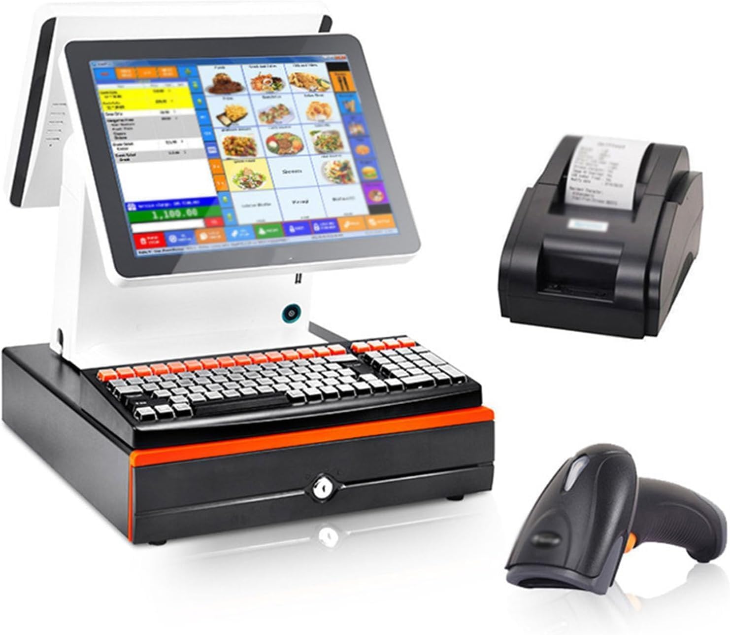 Registratore di Cassa Touchscreen Tutto-in-Uno Doppio Schermo 15,6 Pollici, Pieghevole multiangolo, Sistema POS Windows 4GB RAM 128GB Memoria per Ristorante supermercato Negozio caffetteria Hotel