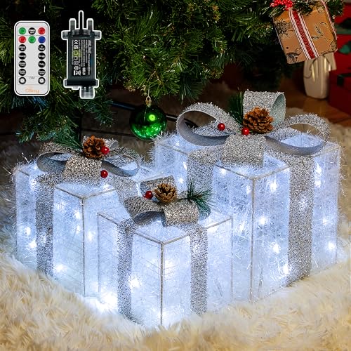 Image of Ollny Set of 3 Light Up Present Boxes Mains Powered, 60 LEDs Christmas Decorations Parcels Lights with Plug 8 Modes Timer, Cool White Lighting Gift Box for Indoor Xmas Tree Fireplace Home Decor