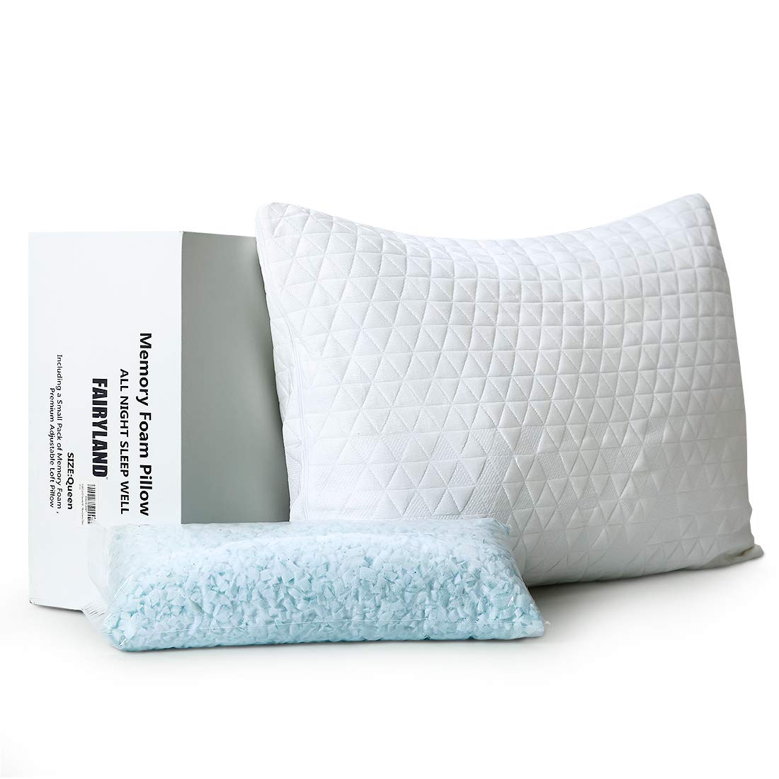 FAIRYLAND Shredded Memory Foam Bed Pillow for Sleeping Adjustable, with Removable Cooling Bamboo Derived Rayon Zipperd Cover, CertiPUR-US Certified (Queen,1 Pack)