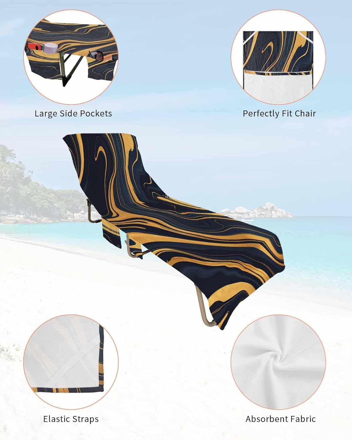 Abstract Black Blue Beach Pool Patio Lounge Chaise Chair Cover Towel With Pockets, Absorbent & Quick Dry Microfiber Towel Cover Bag Summer Travel Accessories for Sunbathing Modern Marble Gold Ombre