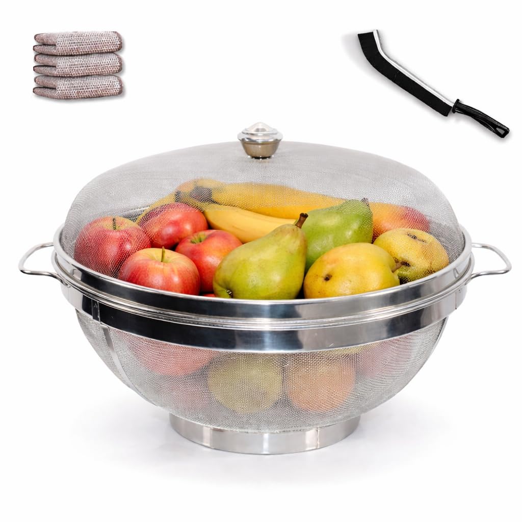 VINART Stainless Steel Fruit Basket with Lid | Fruit & Vegetable Storage Basket for Kitchen & Dining Table (12 Inch)