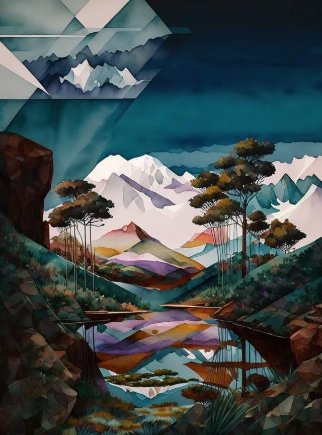 Art mural paysage géométrique aquarelle impression sur toile 58x90