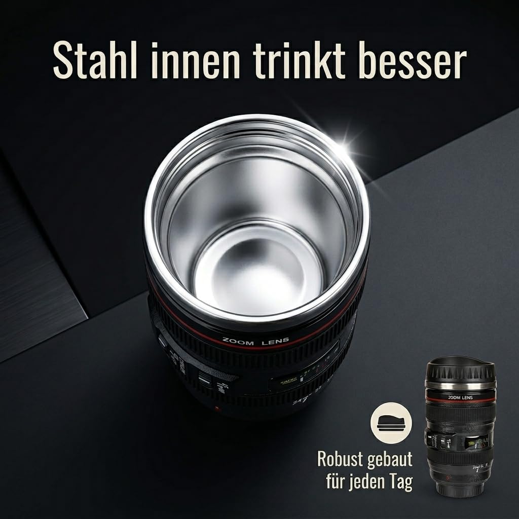 MIJOMA Kameraobjektiv Becher – Thermobecher mit Edelstahleinsatz – 350 ml – Kaffeebecher im Kamera-Design – mit Deckel & rutschfestem Griff (Packung mit 2)