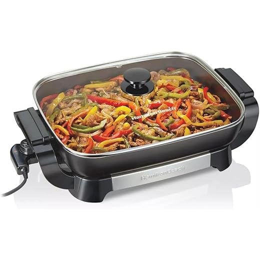 Hamilton-Beach 20.5" Durathons Ceramic Reversible Nonstick Electric Skillet, Large Cooking Surface, Adjustable Temperature Control, Easy Cleaning, Glass Lid, Dishwasher-Safe Parts, Black