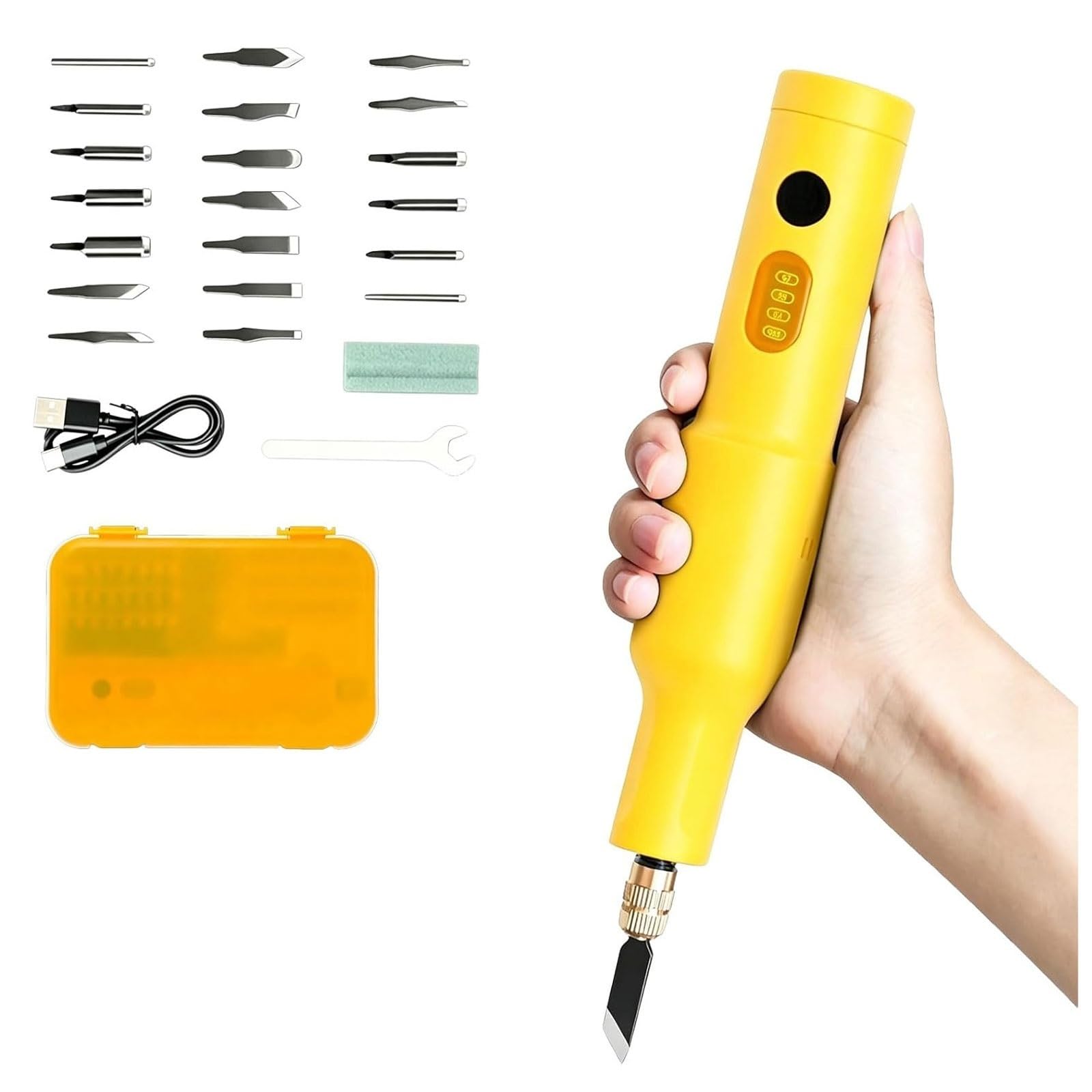 Juego De Cinceles For Tallar Eléctricos De 40 W, Máquina De Talla De Madera De Mano, Enfriamiento Rápido, Con 20 Cuchillas Reemplazables, Vibración De Alta Velocidad, For Carpintería | Yellow
