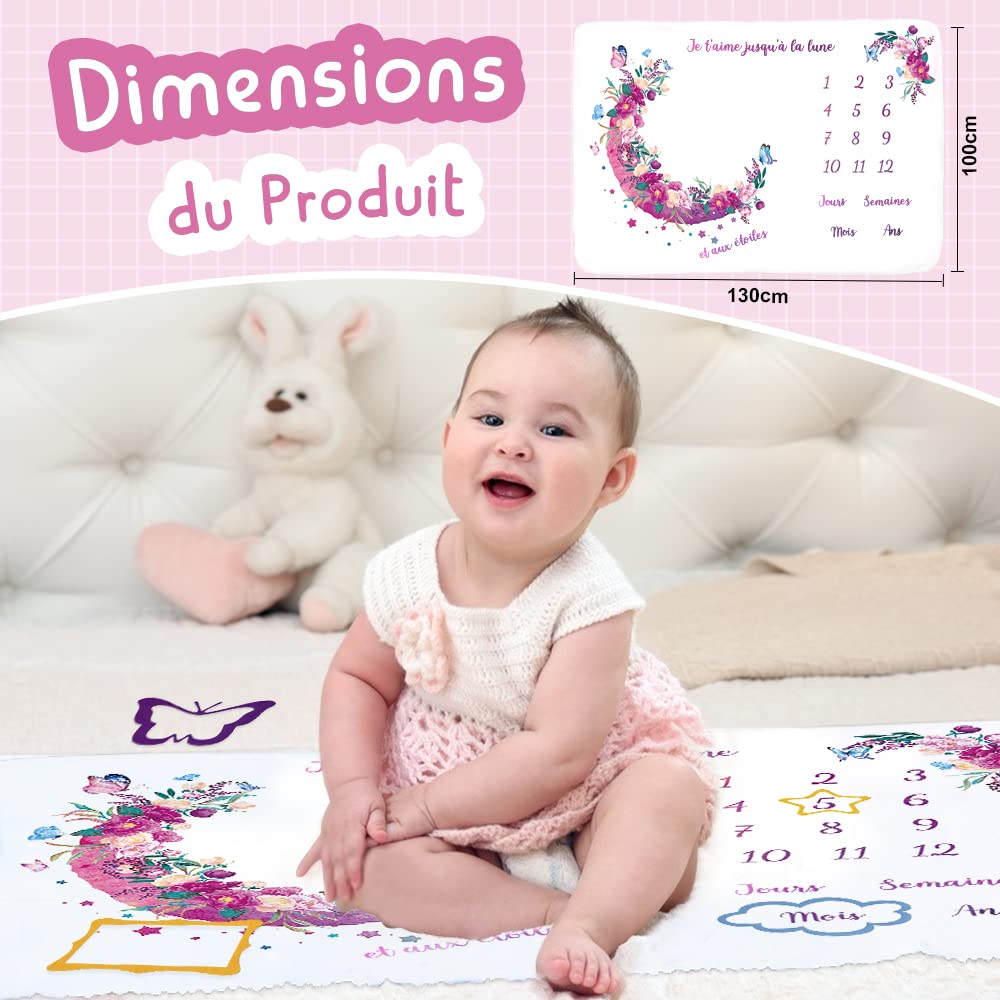 Couverture Etape Bébé, Tapis Mois Bébé pour Filles ou Garçons,Cadeau Baby Shower pour Maman avec 4 Cadres Photo Couverture Douce,Couverture Photo Bebe Mois 130X100cm