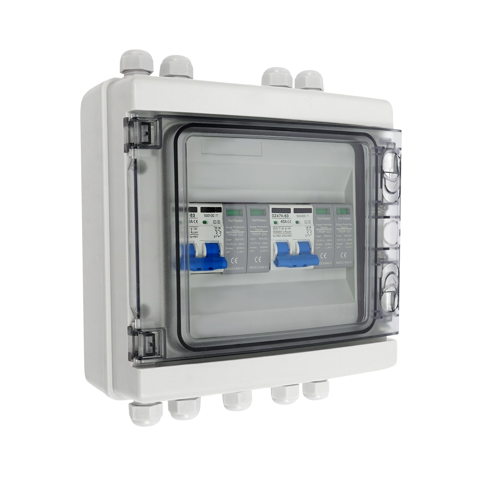 Boîte de jonction solaire DC 2 cordes (2 en 2 sorties), interrupteur de séparation CC 40 A 500 V - Boîtier de jonction solaire PV étanche IP65 pour système solaire PV