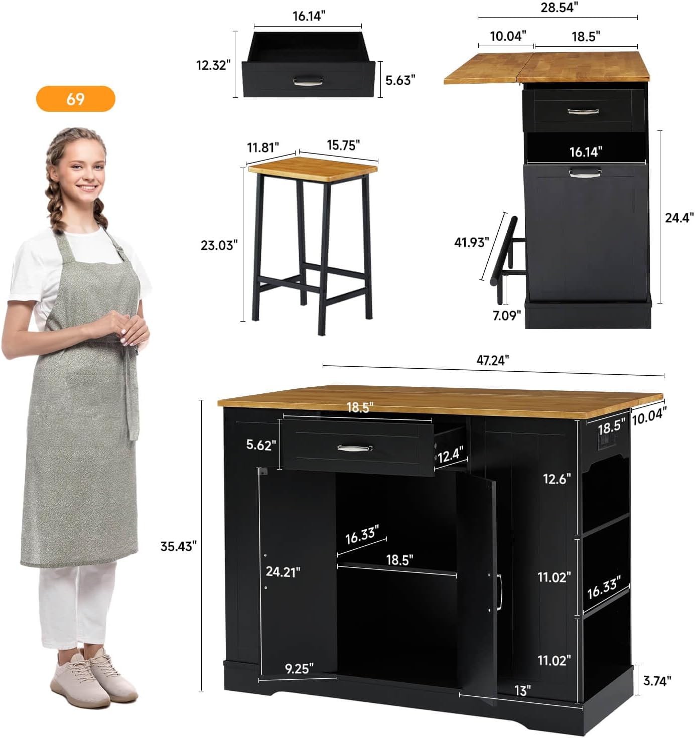 ONBRILL Stationary Kitchen Islands Include 2 Chairs, 47" Kitchen Island with Drop Leaf, Home Bar Table with Spice Rack & with Trash Cabinet, Island Table for Dining Room with Power Outlet, Black