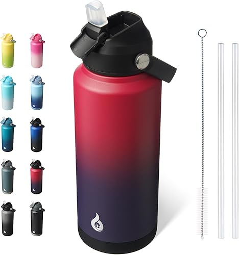 Miniatura 9 de BJPKPK - Botella de agua aislada con tapa de popote, botellas termo de 18 oz con boquilla suave, asa flexible y base antideslizante, libre de BPA, a