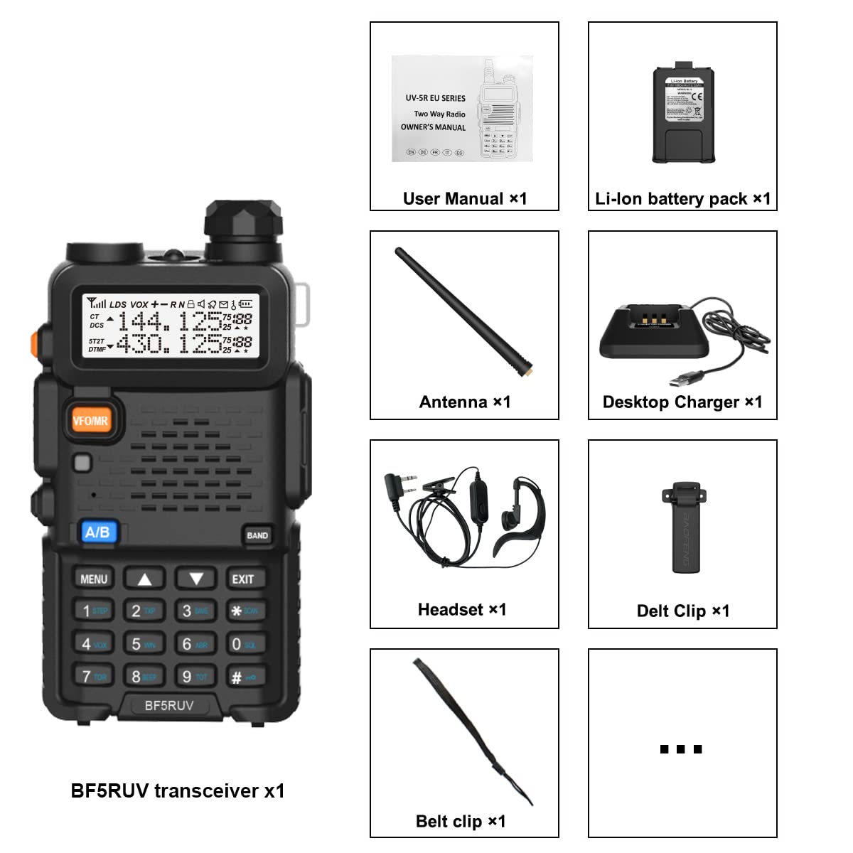 Walkie Talkie 5R Dual Band VHF/UHF Ricaricabile Radio Bidirezionale con 128 Canali VOX Caricatore USB Lunga Distanza Due Vie Radio (Nero), (BF5RUV)