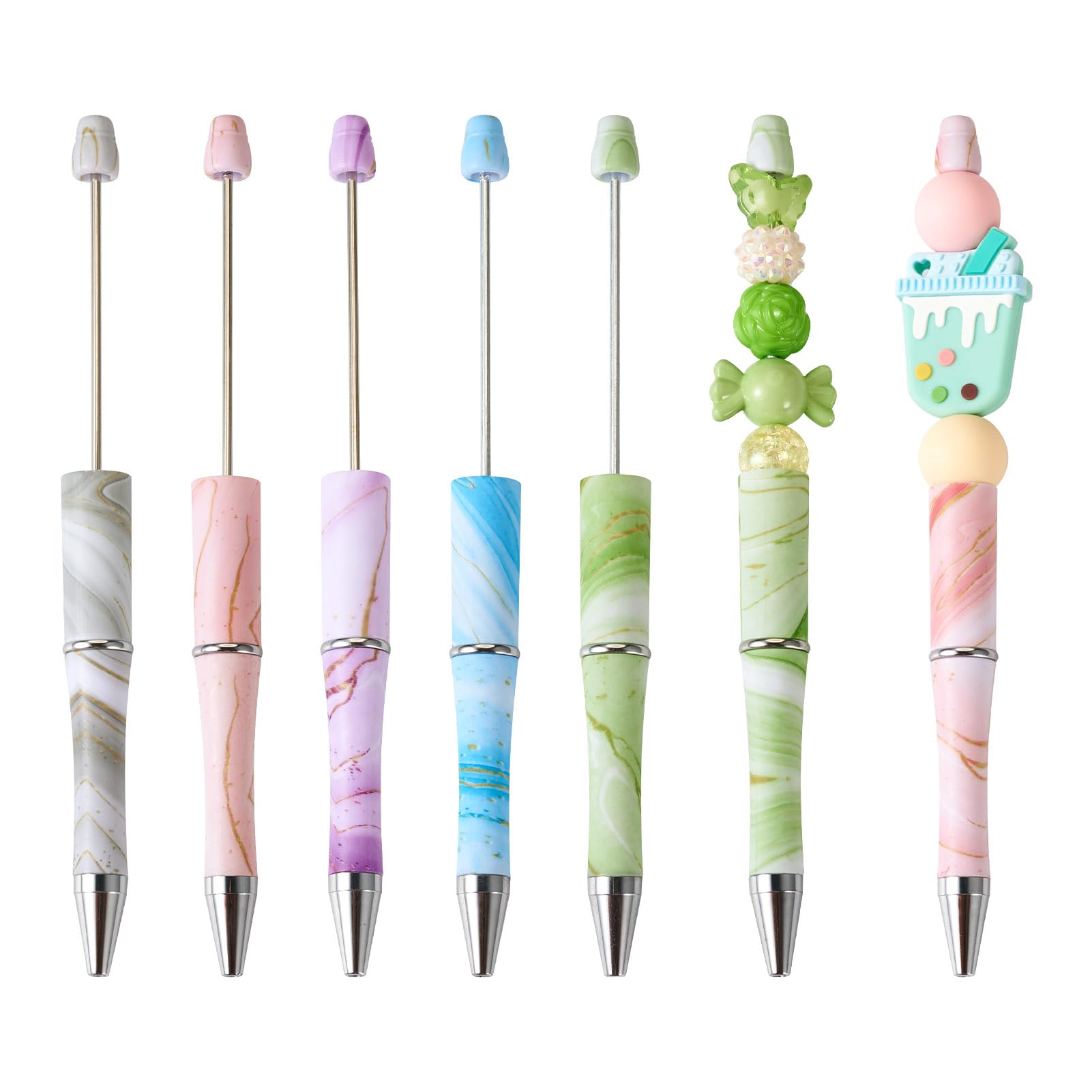 Cheriswelry 5Pcs Marble Pattern Plastic Ball-Point Pen Mixed Color Beadable Pen Beaded Pen for DIY Personalized Pen with Jewelry Beads