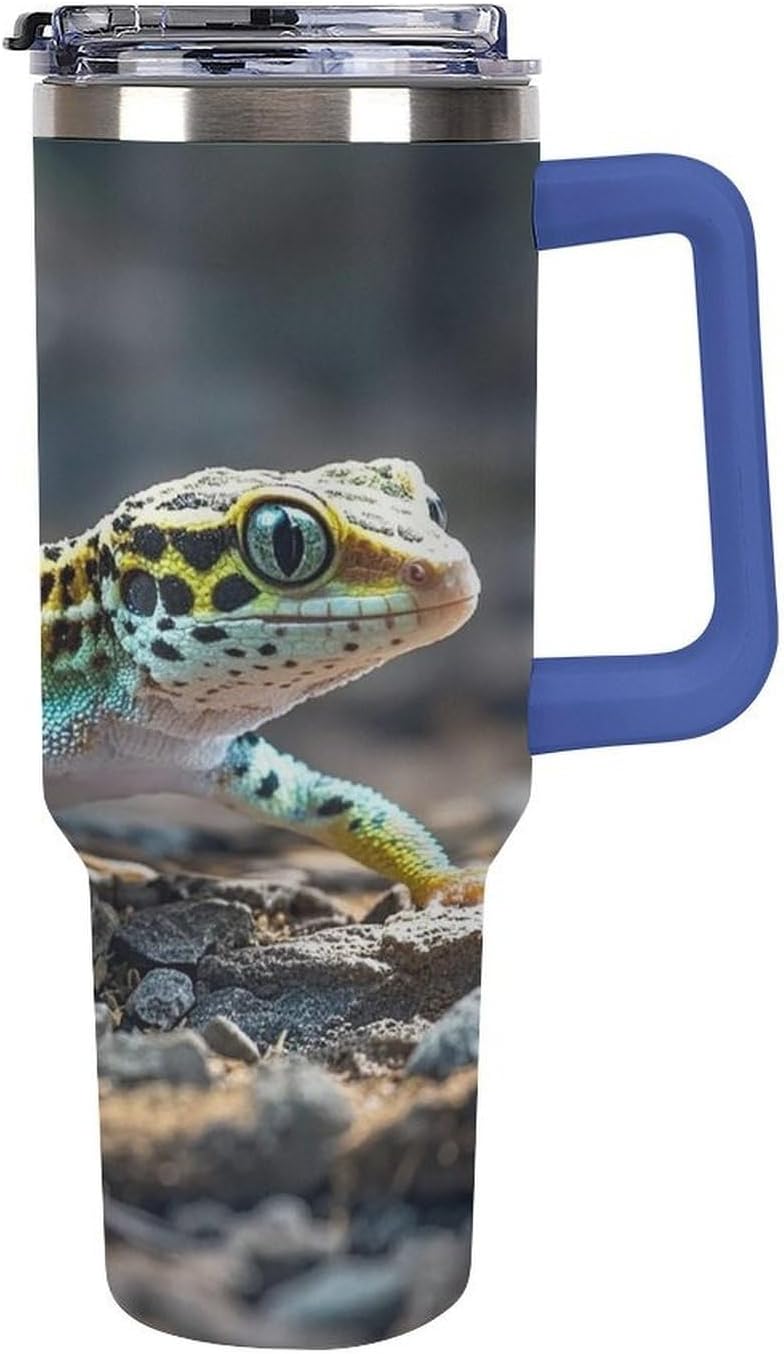 Leopard Little Gecko Travel Coffee Mug Reusable Durable Stainless Steel Insulated Tumbler with Handle And Straw Leak Resistant Portable Thermal Cup Gifts for Men Women 40 Oz