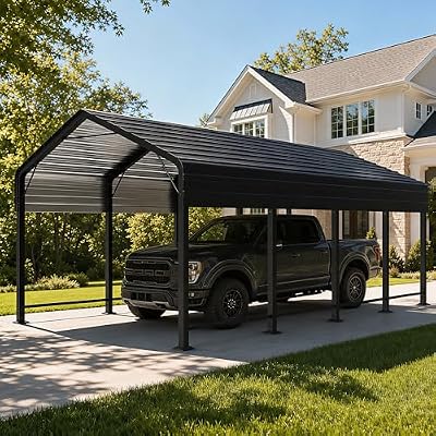 AOGO Carport Canopy 12’X20’ Heavy Duty Car Port Galvanized Steel Roof, Reinforced Stable Triangle Frame for Snowy Windy Metal Carports Enhanced Base Car Tent for Car,RV,Pickup,Boat,Truck,Tractor