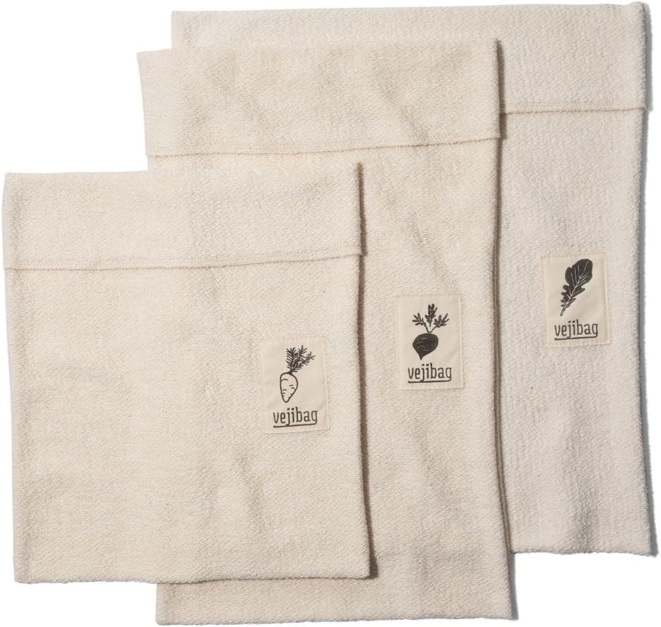 VEJIBAG Variety Pack | Certified Organic Cotton Vegetable Crisper Bags | Made in USA | 3 Bags-Standard, Large,Extra Large | Plastic Free