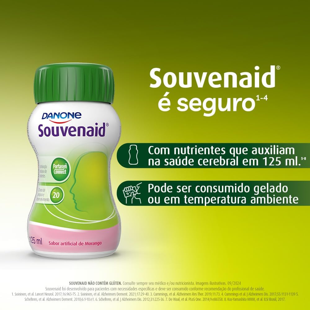 Souvenaid Suplemento Nutricional, Ômega-3, Vitaminas C e B, Selênio, Sabor Morango, 4 Unidades de 125ml