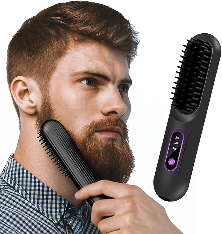 Beard Straightener for Men, Cordless Heated Beard Brush for Men, Electric Hot Comb, Anti-Scald Mini Straightening Brush for Beard Grooming, Portable for Travel and Home Use, Gifts for Him Dad
