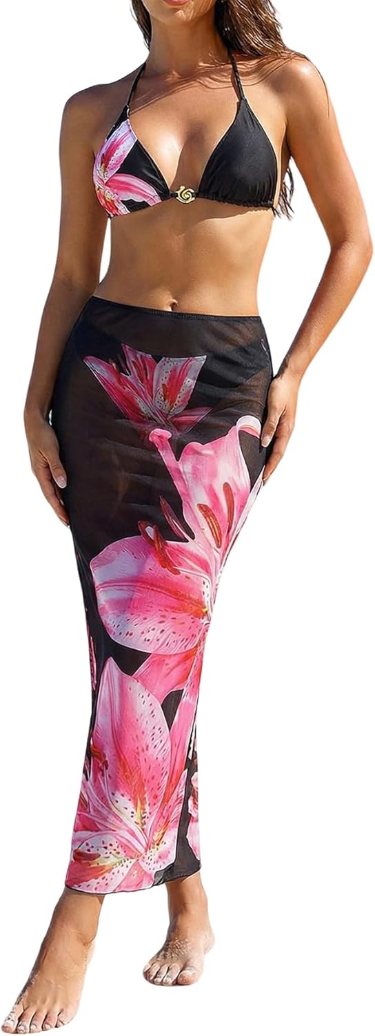 Verdusa 3 Piece Swimsuits for Women Floral Halter String Bikini Top Panty with Sheer Cover Up Skirt