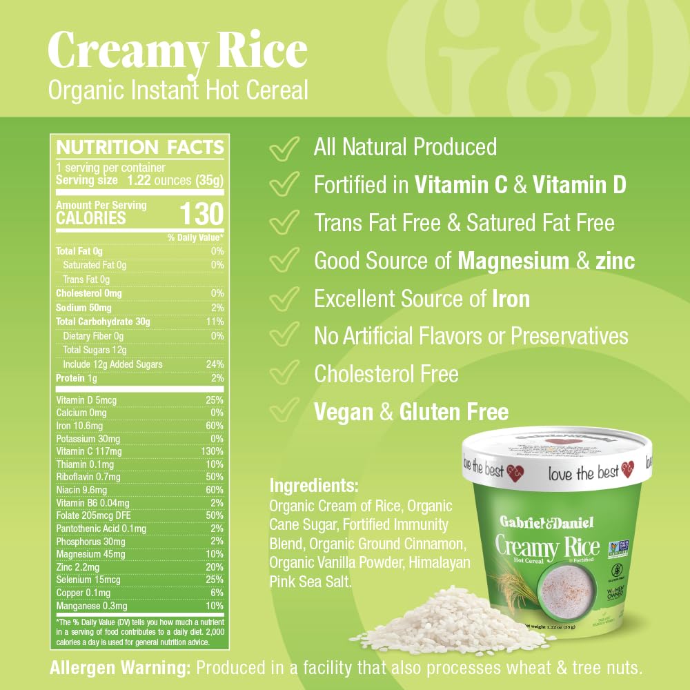 Gabriel & Daniel Creamy Rice Hot Cereal Cup – Non-GMO, Pure and Organic Gluten Free Cereal – Rich in Iron & Essential Nutrients for a Nourishing and Instant Breakfast – Quick & Easy Meal (Pack of 12)