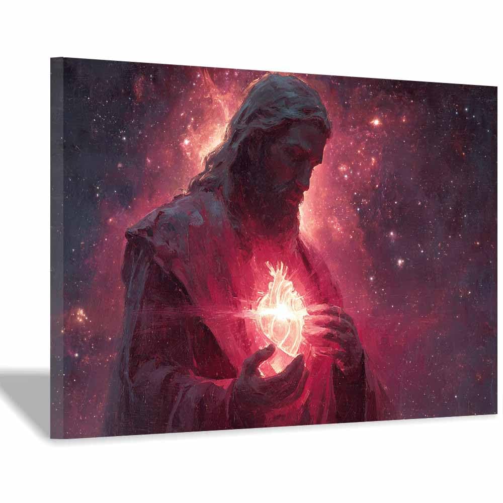 ZAMAEIU Jesus Canvas Wall Art Modern Grasping thes heart's radiance Christian Poster Painting of Inspirational Religious Decor for Living Room, Church or Prayer Room(red)-30x50cm Framed