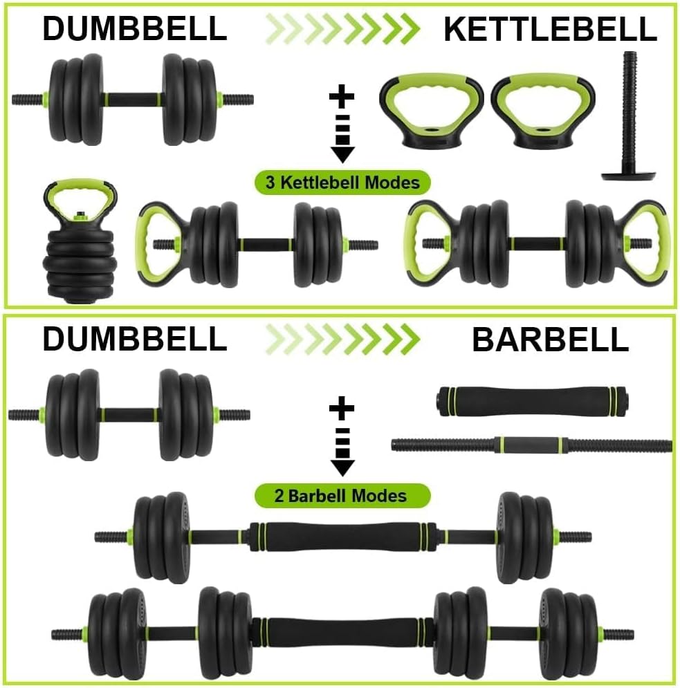 Adjustable Dumbbell Set, 44/66/88 Lbs Free Weight Dumbbells Set, 4 in 1 Dumbbells Set Used As a Kettlebell, Barbell, Push Up Stand, Exercise & Fitness for Home Gym, Black & Green