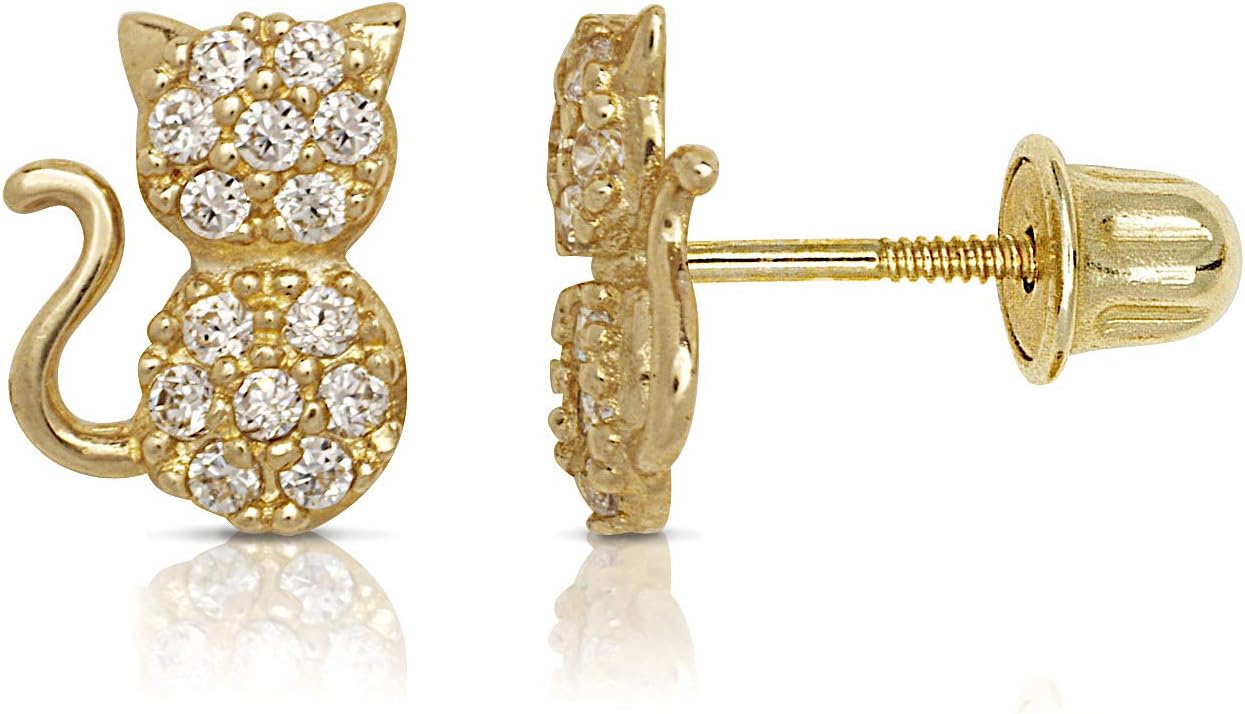 Jewelry Web Solid 14k Yellow Gold Round Cubic Zirconia Sitting Cat Screw-back Stud Earrings White, Purple or Pink (6x8mm)