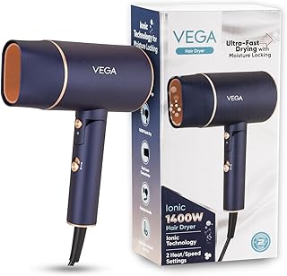 Vega Ionic 1200-1400W Foldable Hair Dryer for Men and Women, Quick & Fast Drying with Ionic Technology & 2 Heat/Speed Settings (Low & High), Cool Shot Button, Detachable Nozzle, Blow Dryer (VHDH-35)