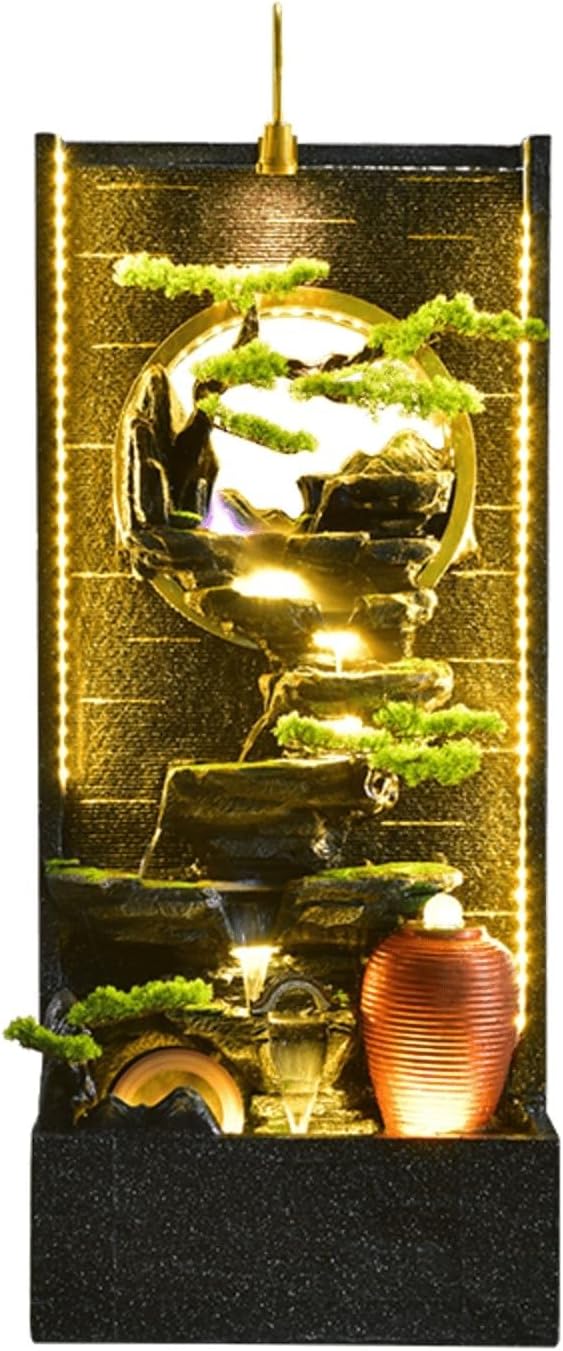 Home Decorative Fountain 6.72 Ft Tall Elegant Indoor Water Fountain With LED Lights, Mist Maker, And Simulated Bonsai Trees ,large Waterfall Feature Rockery ，For Hotel Entrance Decoration(2645)