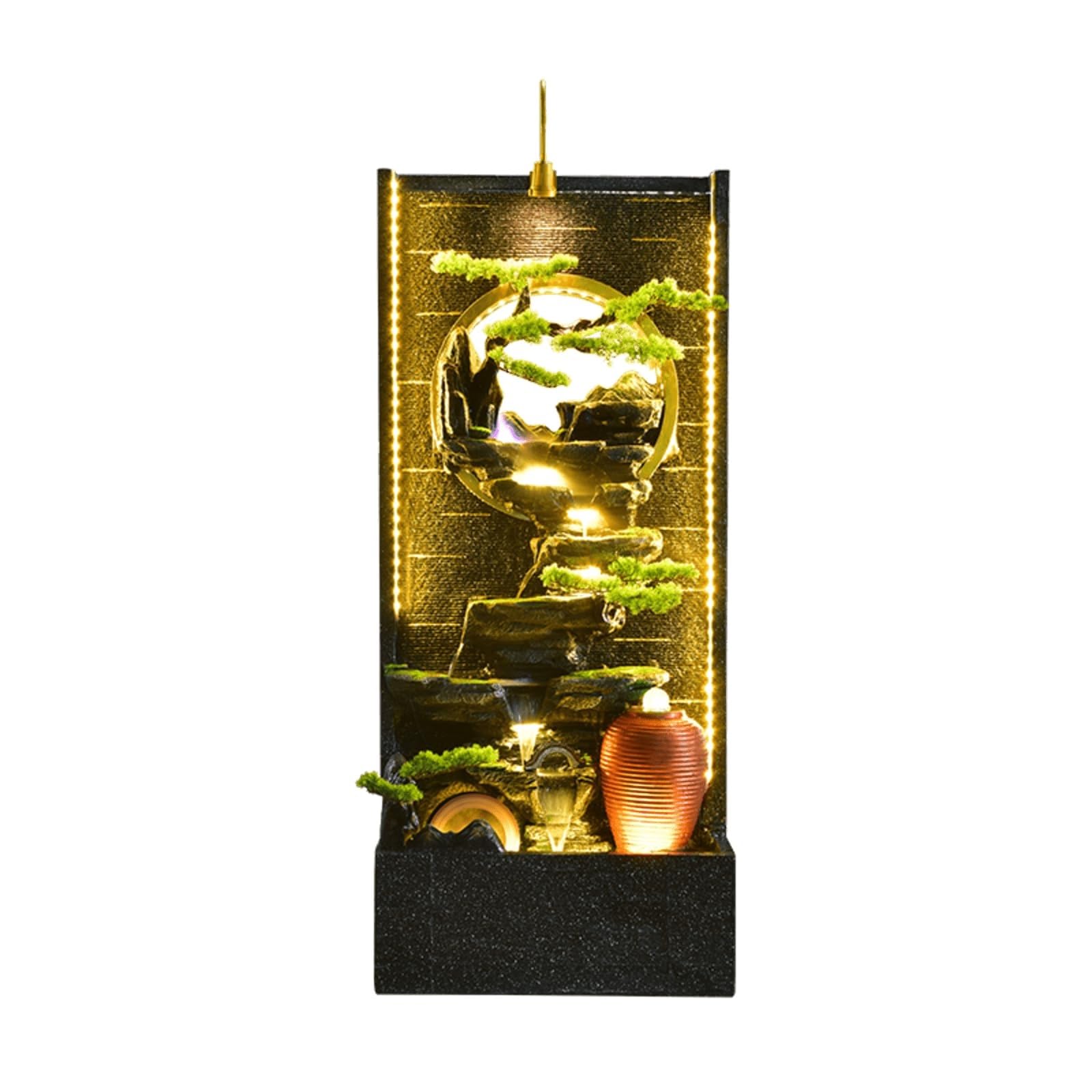 Home Decorative Fountain 6.72 Ft Tall Elegant Indoor Water Fountain With LED Lights, Mist Maker, And Simulated Bonsai Trees ,large Waterfall Feature Rockery ，For Hotel Entrance Decoration(2645)