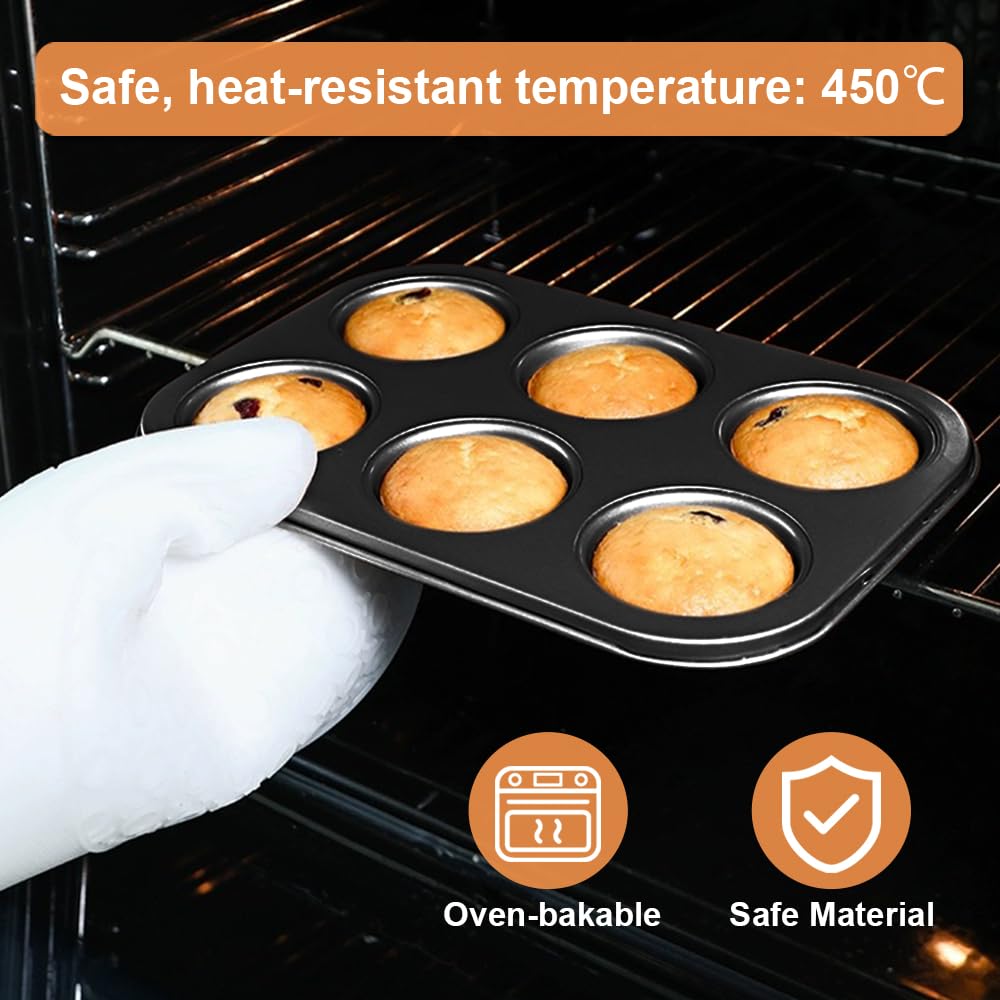 Paquete de 2 moldes de acero prémium para magdalenas, molde redondo para hornear muffins, cupcakes, brownie (negro, 6 tazas) 5