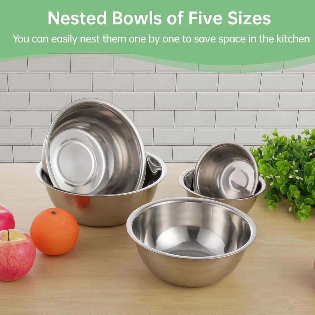 Nesting Bowls in Different Sizes for Space Saving Storage, 5Pcs Stainless Steel Mixing Bowls, Great for Outdoor Picnic, Bottom Mixing Bowl Set, Home Cooking, Baking, Prepping