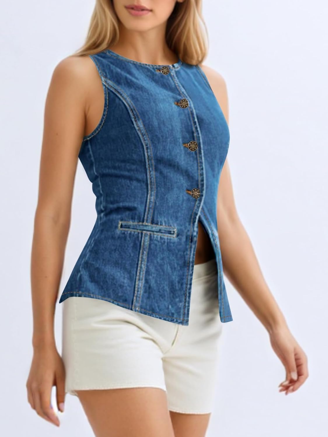 Tankaneo Womens Button Down Denim Vest Trendy Fitted Sleeveless Jean Tank Tops Crew Neck Waistcoat - Image 3