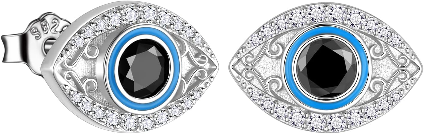 Jewmon 925 Sterling Silver Evil Eye Earrings for Women Enamel Blue Lucky Greek Eye Stud Earrings Protection Evil Eye Jewelry Amulet Gifts for Women Mom