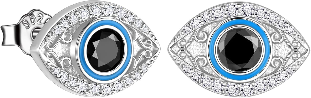 Jewmon 925 Sterling Silver Evil Eye Earrings for Women Enamel Blue Lucky Greek Eye Stud Earrings Protection Evil Eye Jewelry Amulet Gifts for Women Mom