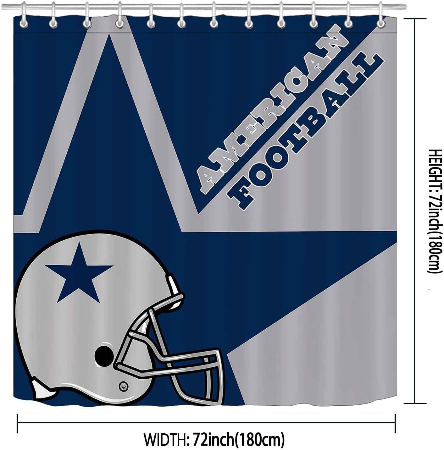 Namdeva 4PCS Sports Shower Curtain Set, American Football Helmet Texas Star Quotes Touchdown Man Cave Grey Royal Blue White Striped Modern Bathroom Decor, Non-slip Bath Mat, Gifts for Men Teenage Boys