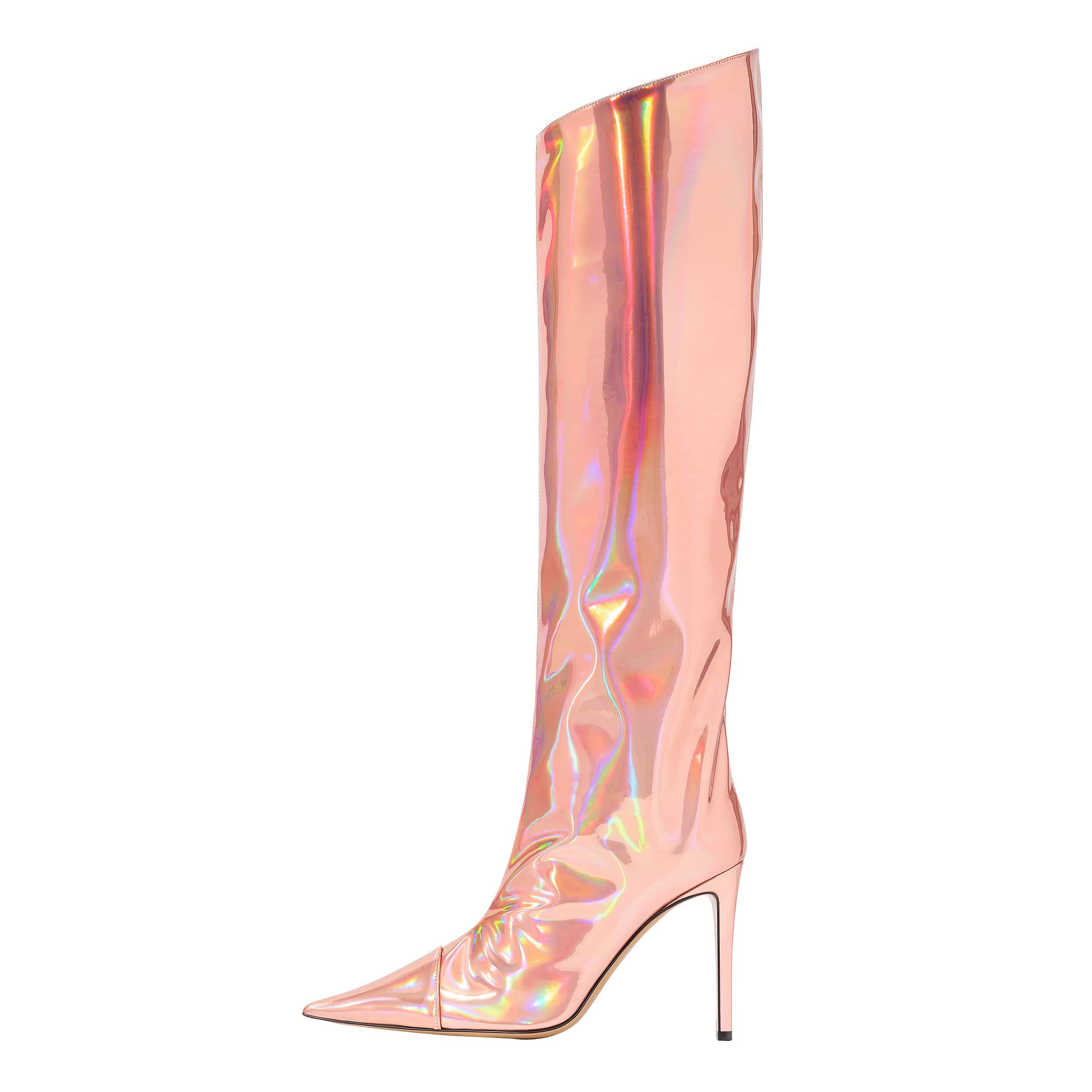 Arqa Metallic Boots for Women Pointed Toe High Stiletto Heel Knee High Boot Fashion Chrome Zipper Boot Dressy Party Shoes 9 Pink